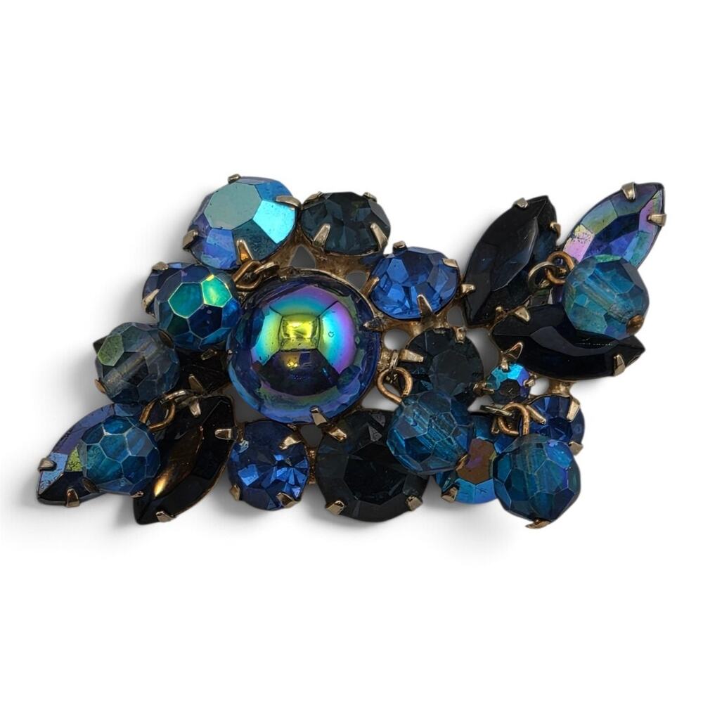 Vintage Blue AB Rhinestone Brooch Dangle Beads Prong Set Statement Pin